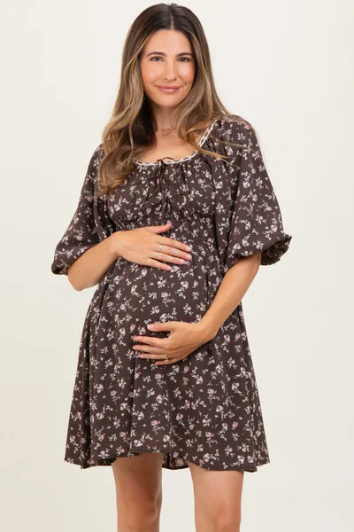 PinkBlush Brown Floral Square Neck Bubble Sleeve Maternity Dress
