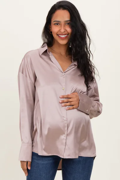 PinkBlush Light Mocha Satin Button Up Maternity Blouse