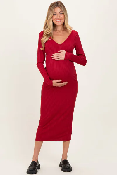 PinkBlush Dark Red V-Neck Long Sleeve Fitted Maternity Maxi Dress