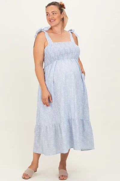 PinkBlush Blue/Ivory Plus Size Textured Floral Maternity Maxi Dress