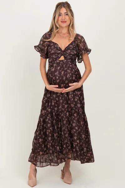 PinkBlush Brown Floral Stripe Twist Front Cutout Maternity Maxi Dress