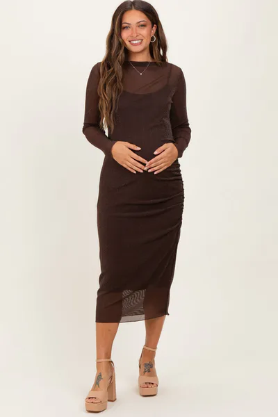 PinkBlush Brown Shimmer Mesh Long Sleeve Ruched Maternity Midi Dress