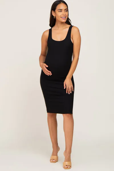PinkBlush Black Rib Knit Side Slit Maternity Midi Dress