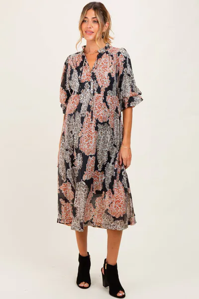 PinkBlush Black Floral Chiffon Front Tie Maternity Midi Dress