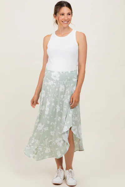 PinkBlush Light Olive Floral Smocked Waist Round Hem Maternity Midi Skirts
