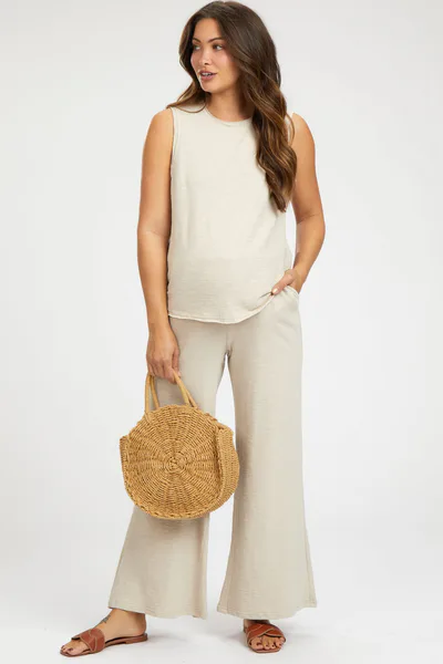 PinkBlush Beige Slub Knit Maternity Pants Set