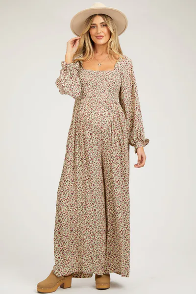 PinkBlush Beige Floral Smocked Wide Leg Maternity Jumpsuit