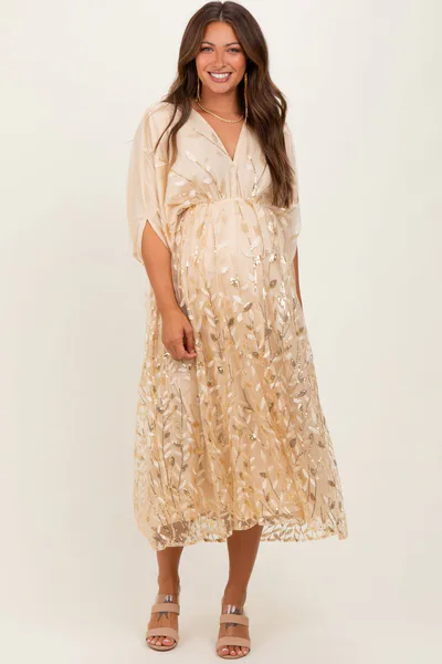 PinkBlush Light Gold Embroidered Tulle Dolman V-Neck Maternity Midi Dress