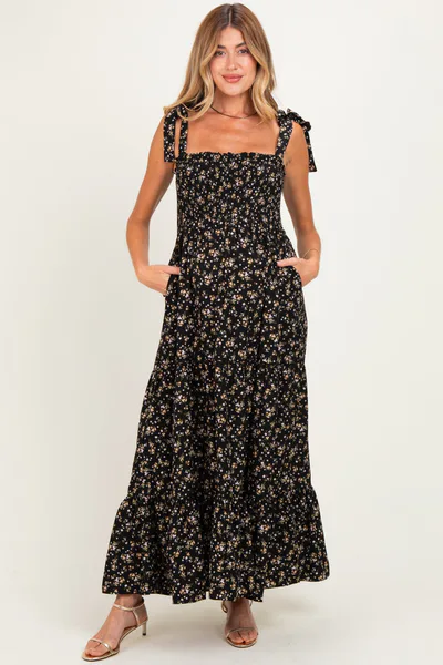 PinkBlush Black Floral Shoulder Tie Maternity Maxi Dress
