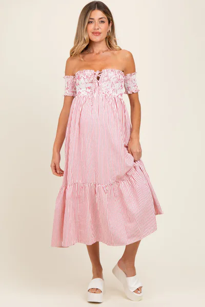 PinkBlush Red Striped Floral Colorblock Off Shoulder Maternity Midi Dress
