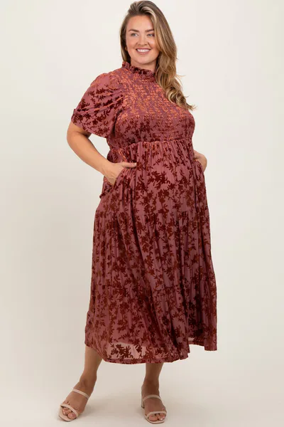 PinkBlush Mauve Floral Velvet Print Smocked Maternity Plus Midi Dress