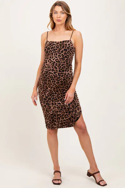 PinkBlush Mocha Animal Print Ruched Maternity Midi Dress