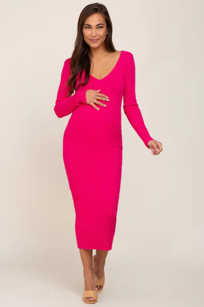 PinkBlush Fuchsia V-Neck Long Sleeve Fitted Maternity Maxi Dress