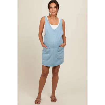 Target Pinkblush Blue Denim Side Pocket Overall Maternity Dress Large