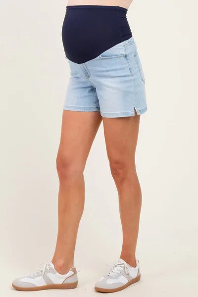 PinkBlush Light Denim Slit Hem Denim Maternity Shorts