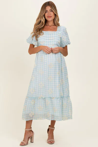 PinkBlush Light Blue Gingham Pleated Square Neck Maternity Midi Dress