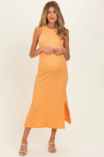 PinkBlush Light Orange Textured Sleeveless Maternity Maxi Dress
