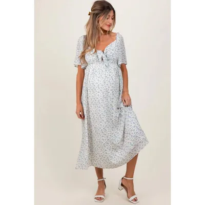 Target Pinkblush Blue Floral Front Tie Maternity Midi Dress Small