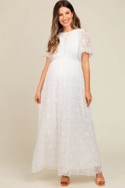 PinkBlush White Lace Sheer Lace Back Maternity Maxi Dress