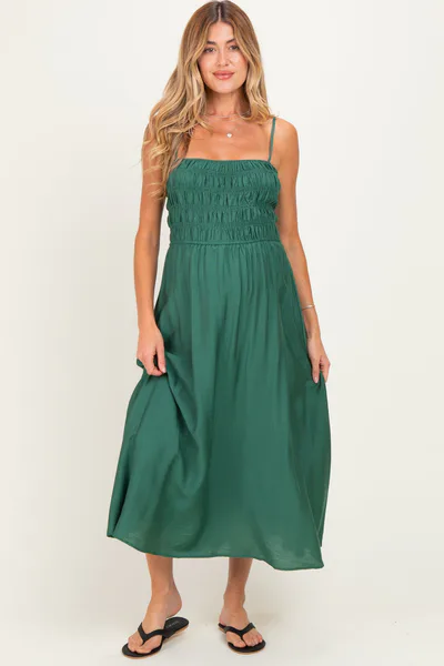 PinkBlush Kelly Green Smocked Thin Strap Maternity Midi Dress