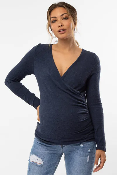 PinkBlush Navy Blue Brushed Knit Wrap Front Maternity Top