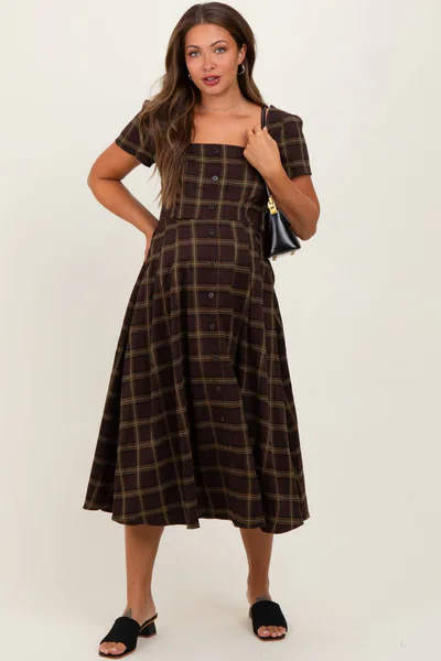 PinkBlush Brown Plaid Button Down Maternity Midi Dress