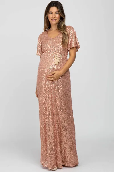 PinkBlush Pink Sequin Short Sleeve Maternity Maxi Dress