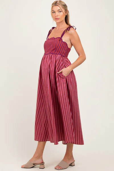 PinkBlush Mauve Striped Colorblock Scallop Detail Maternity Midi Dress