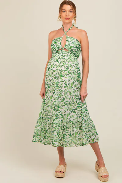 PinkBlush Green Leaf Print Halter Keyhole Maternity Midi Dress