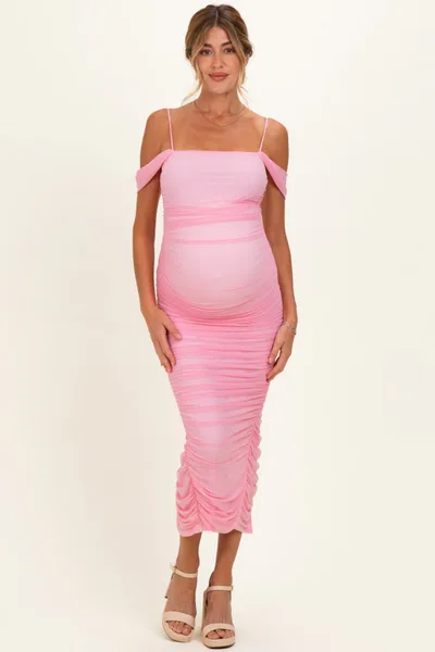 PinkBlush Baby Pink Ruched Mesh Off Shoulder Maternity Midi Dress
