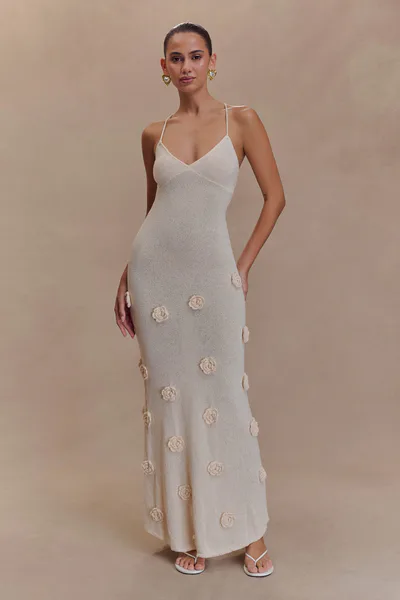 MESHKI Suki Knit Maxi Dress With Flowers - Nude