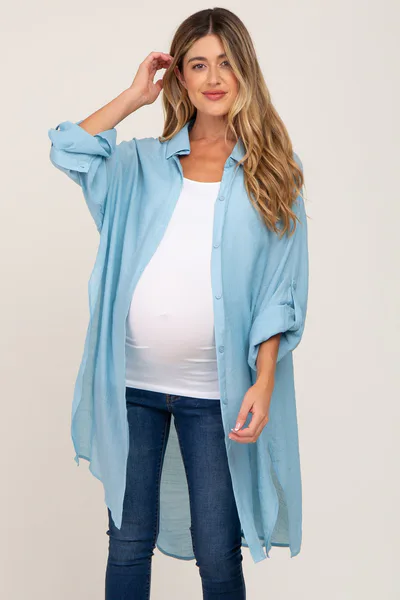 PinkBlush Light Blue Button Front Side Slit Oversized Maternity Blouse