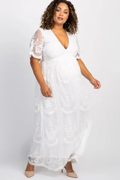 PinkBlush PinkBlush White Lace Mesh Overlay Plus Maternity Maxi Dress