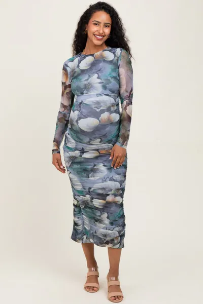 PinkBlush Blue Floral Mesh Overlay Ruched Maternity Midi Dress