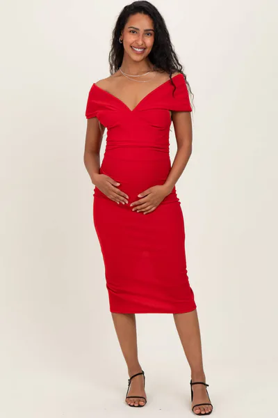 PinkBlush Red Off Shoulder Fitted Maternity Midi Dress