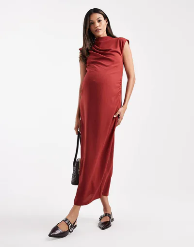 ASOS high neck sleeveless midi dress with draped neck in rust