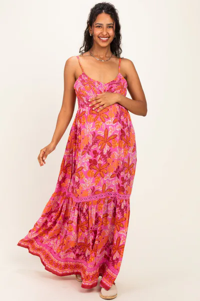 PinkBlush Fuchsia Floral Lace Trim Maternity Maxi Dress