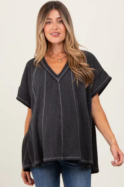 PinkBlush Charcoal Striped Ribbed V-Neck Oversized Short Sleeve Maternity Top