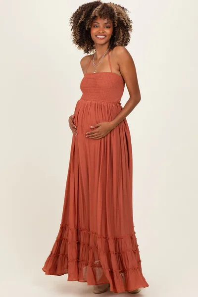 PinkBlush Rust Smocked Halter Open Back Maternity Maxi Dress