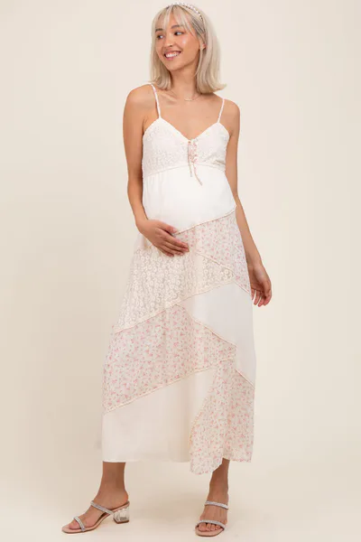 PinkBlush Cream Floral Sweetheart Neck Maternity Midi Dress