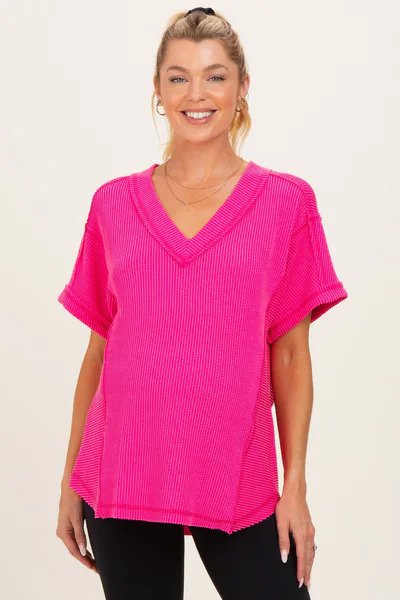 PinkBlush Fuchsia Ribbed Raw Hem Maternity Short Sleeve Top