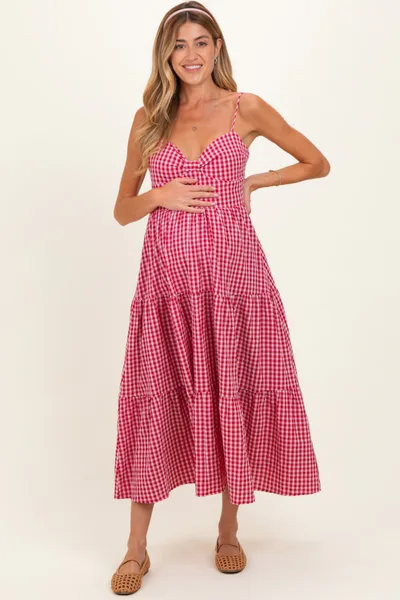 PinkBlush Red Gingham Cutout Tie Back Tiered Maternity Maxi Dress