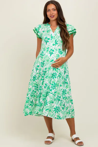 PinkBlush Green Floral Ruffle Sleeve Tiered Maternity Midi Dress