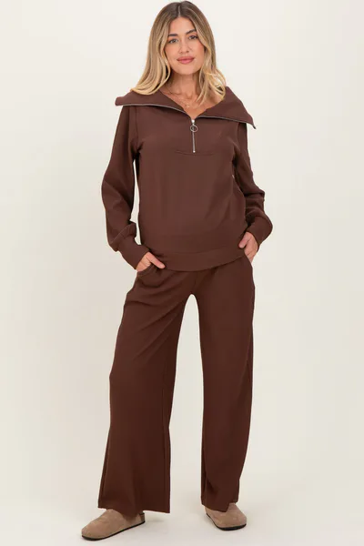 PinkBlush Brown Ribbed Half Zip Pullover Wide Leg Pant Maternity Set