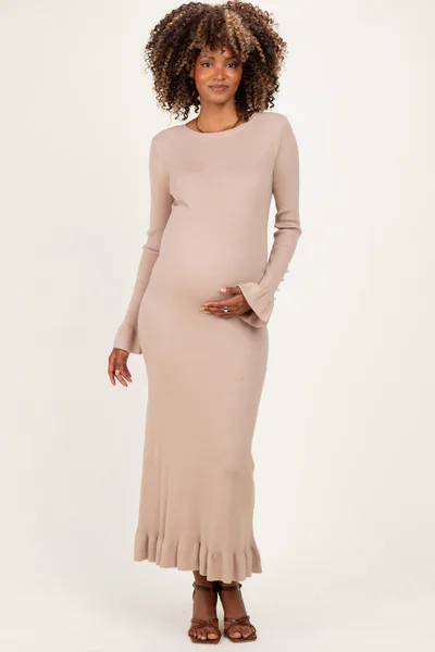PinkBlush Sand Ribbed Knit Bow Back Maternity Maxi Dress