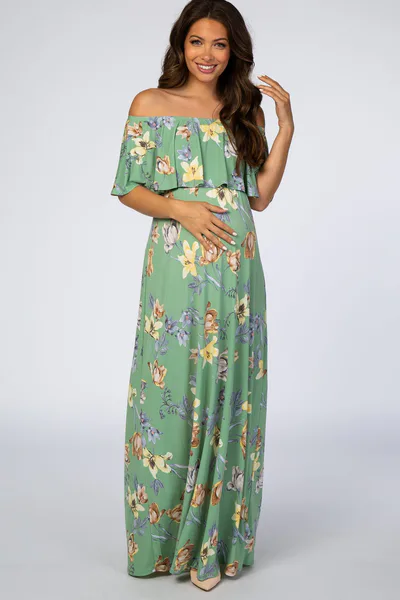 PinkBlush Sage Floral Off Shoulder Maternity Maxi Dress