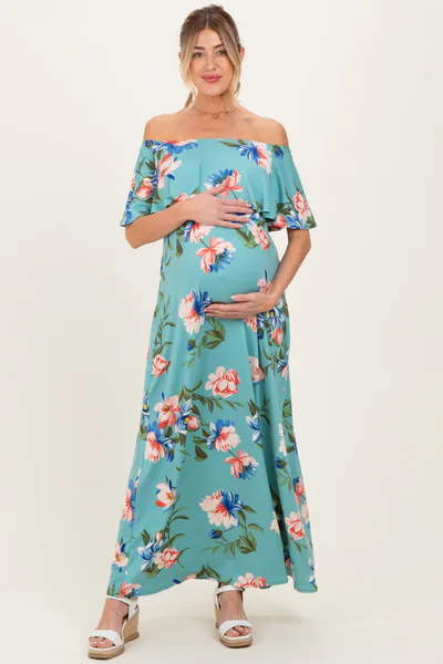 PinkBlush Light Blue Off Shoulder Floral Ruffle Maternity Maxi Dress
