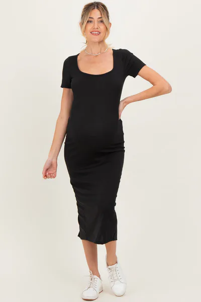 PinkBlush Black Ribbed Fitted Maternity Midi Dress