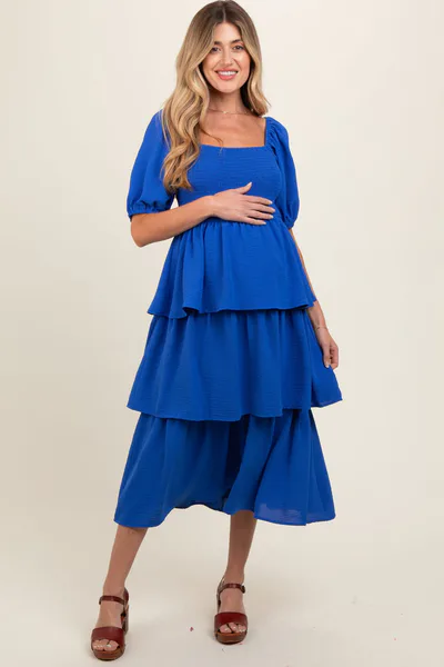 PinkBlush Royal Blue Smocked Body Ruffled Tiered Maternity Dress