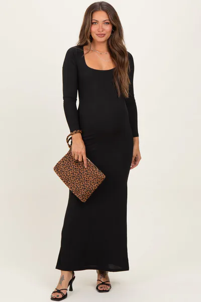PinkBlush Black Square Neck Long Sleeve Maternity Maxi Dress